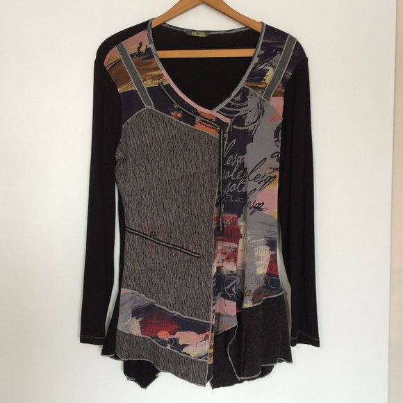 Dolcezza Womens Top Pullover Large Multicolor Assymmetrical Hem Long Sleeve - Picture 1 of 6